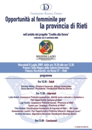 Progetto “Credito alla donna” Mercoledì 8 Luglio 2009 Rieti