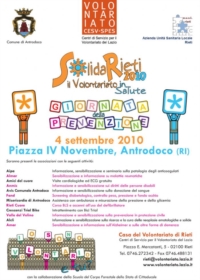 4 settembre 2010 GIORNATA DELLA PREVENZIONE Tutti in piazza ad Antrodoco per una giorno di Salute..
