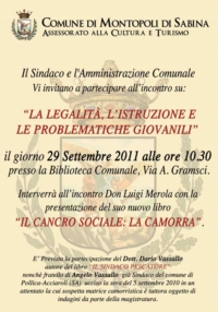 "La Legalità, l'Istruzione e le Problematiche Giovanili" - 29 settembre Montopoli di Sabina "La Legalità, l'Istruzione e le Problematiche Giovanili" - 29 settembre Montopoli di Sabina
